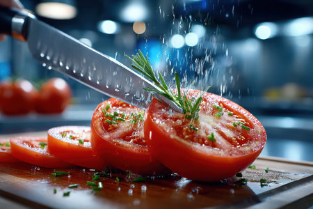 A detailed shot of a chef's knife slicing through a ripe tomato, set in a professional kitchen with bright, even lighting and a high-speed lens to freeze the actionの素材