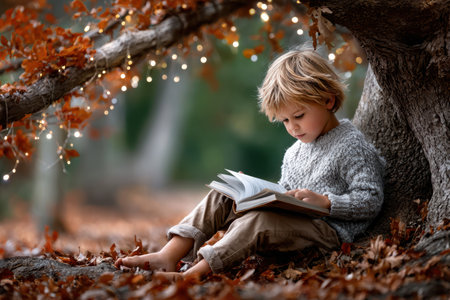 A young boy sits barefoot on leaves, deeply focused on a book in a magical, illuminated tree setting.の素材