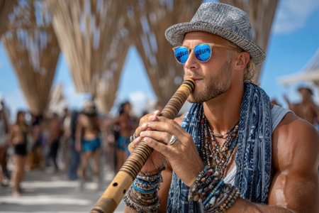 A skilled flutist captivates festival-goers, surrounded by a lively atmosphere filled with music and celebration.の素材