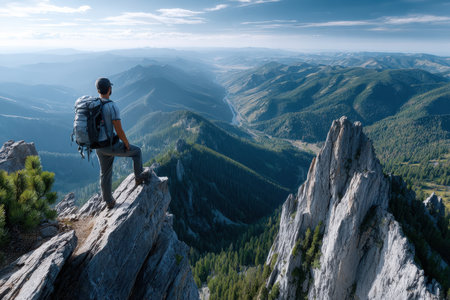 A person stands on a rocky ledge, gazing at vast green valleys and distant mountains under a blue sky.の素材