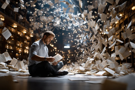 A man sits on the floor of a library, engrossed in reading as books swirl around him in a creative display.の素材