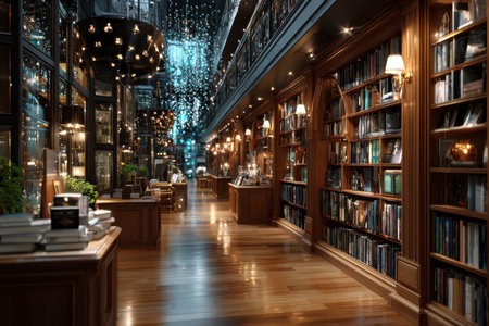 A long library interior with wooden bookshelves and warm lightingの素材