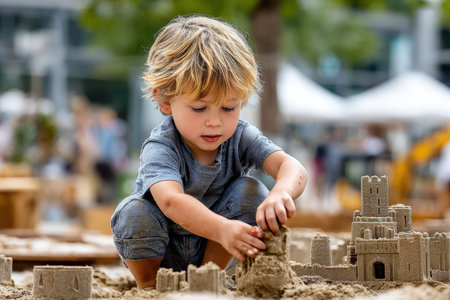 A child focuses on crafting intricate sandcastles in a playground filled with summer fun.の素材
