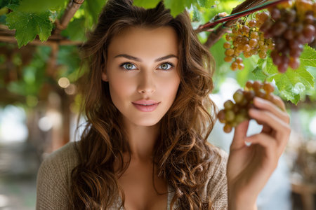 A woman with long hair holds a bunch of grapes while standing beneath green vines, smiling warmly.の素材