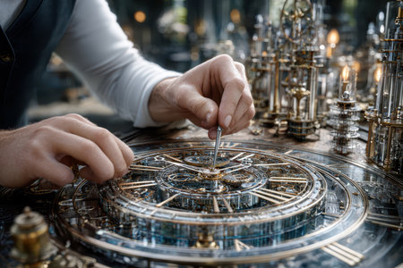A skilled artisan adjusts a delicate mechanism of an antique clock amid ornate decorations in a workshop.の素材