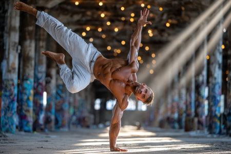 A fit individual showcases balance and strength while executing a handstand amidst colorful graffiti under soft light.の素材