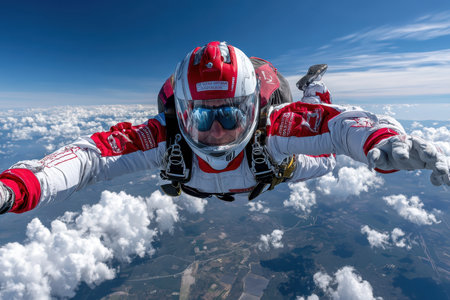 A skilled skydiver is diving through fluffy clouds, showcasing impressive aerial acrobatics high above the ground.の素材