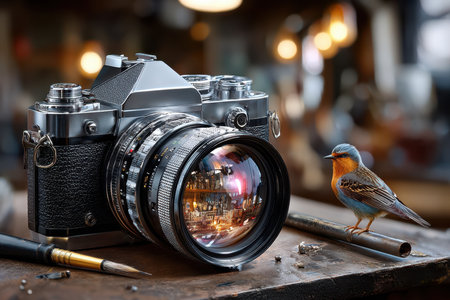 A vintage camera and colorful bird sit on a workbench in a studioの素材