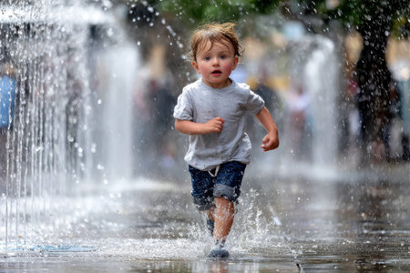 A young child splashes through water fountains, enjoying the summer rain and laughter in a vibrant city.の写真素材