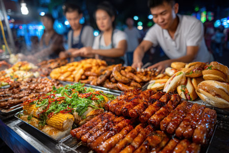 Closeup of various grilled foods on a food stall at a night marketの写真素材