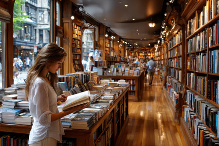 A quiet bookstore interior, under soft, warm light, shot with a wide-angle lens, featuring a woman finding a long-lost book, ultrarealistic photo --ar 3:2 --raw --profile nk3i4wf --stylize 250 --v 7 Job ID: dd83d154-a52b-4e7d-b78b-904736bf5bfcの写真素材