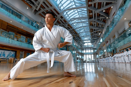 A man practicing martial arts in a dojo, shot with a wide-angle lens, capturing the discipline and focus of the practitioner, ultrarealistic photo --ar 3:2 --raw --profile nk3i4wf --stylize 250 --v 7 Job ID: 6bfcb63d-abd2-4b67-a9b4-893863d741c3の写真素材