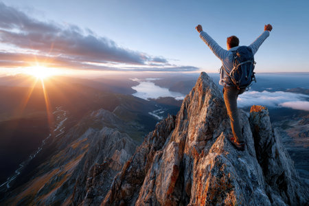 A hiker celebrates on a mountain peak at sunriseの写真素材