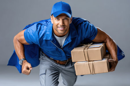 A delivery person in a blue uniform enthusiastically runs while carrying several packages wrapped in brown paper.の素材