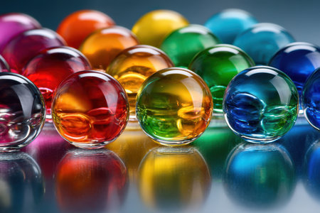 Various glass marbles in different colors scattered across a shiny surface create an eye-catching display.の素材