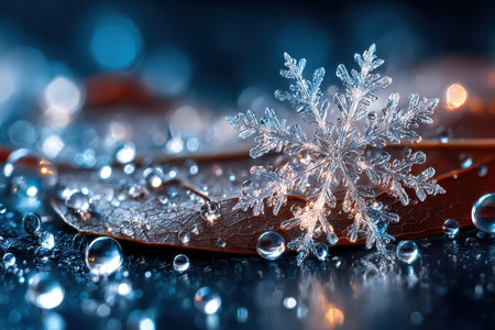 A macro shot of a snowflake on a leaf covered with water dropsの素材