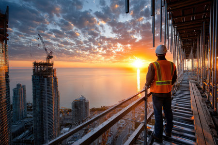 Construction worker on scaffolding overlooking coastal city at sunriseの素材