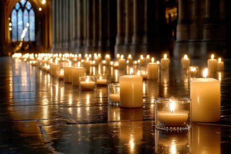 Rows of lit candles on a polished floor in a dimly lit churchの素材
