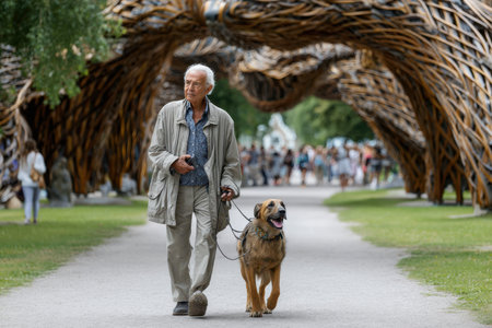 An elderly man walks his golden retriever in a park with artistic wooden arches and many people around.の素材