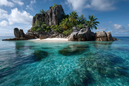 A serene tropical island features tall palm trees, rocky formations, and clear turquoise waters under sunny skies.の素材