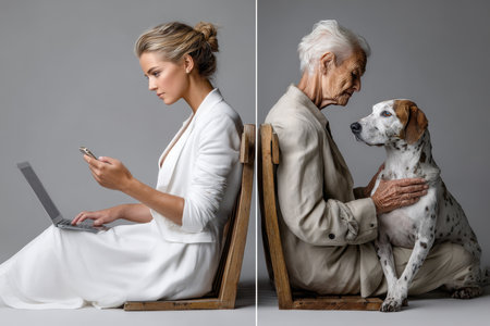 A senior man and a young woman sit back to back with a dog in between, showing connection and technology.の素材
