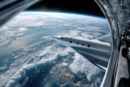 A futuristic spacecraft ascends towards space, showing the Earth's curvature and swirling clouds below.の素材