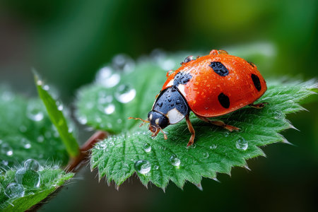 A ladybug with water droplets rests on a vibrant green leafの素材