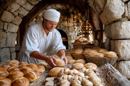 An artisan baker shapes loaves of bread in a rustic bakery filled with warm light during early morning hours.の素材