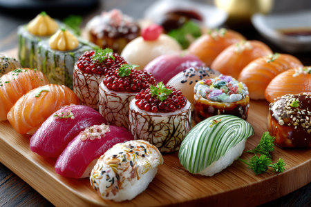A platter of colorful sushi arranged on a wooden boardの素材