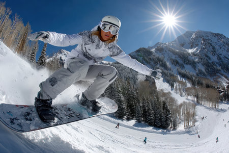A snowboarder carves down a snowy mountain slope on a sunny winter dayの写真素材