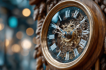 Closeup of an ornate clock face with Roman numerals set in a wooden caseの素材