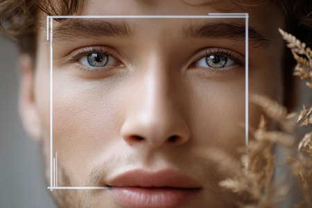 Young man gazes directly at the camera, showing beautiful blue eyes and natural elements in the background.の素材
