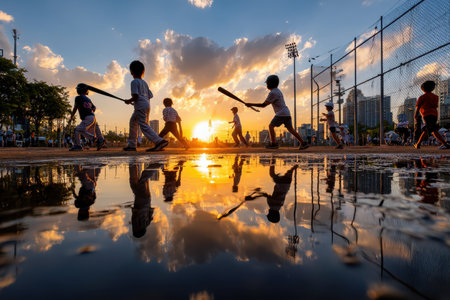 Kids enjoy playing baseball as the sun sets, with silhouettes visible against colorful clouds and puddles.の写真素材