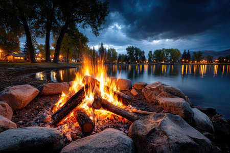 A bonfire burns brightly by a lake at dusk, with a stormy sky and trees in the backgroundの素材
