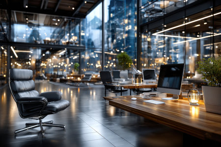 A modern office interior at night with a computer, chair, and deskの素材