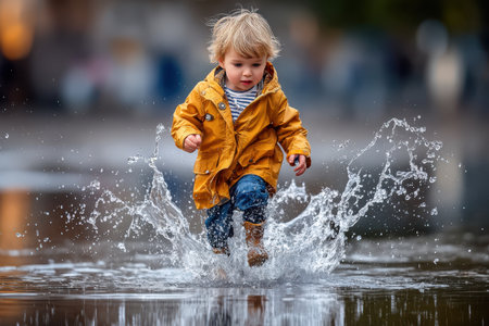 A young child wearing a yellow raincoat and boots splashes through a puddle on a sunny afternoon in the city.の素材