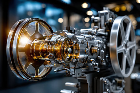 Detailed look at polished gears and wheels in a factory setting showing mechanical engineering precision.の素材