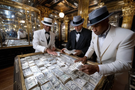Three well-dressed men examine piles of cash on a table surrounded by gold decor under dim lights.の素材