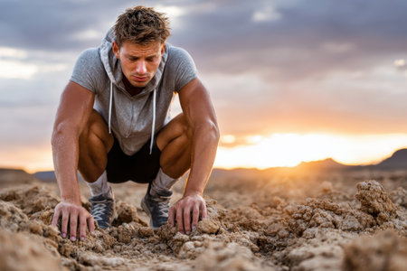 A man focuses on his workout on rocky ground as the sun sets, showing determination and strength in nature.の素材