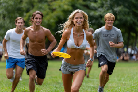 Friends run together on a grassy field, laughing and playing frisbee under bright sunshine.の素材