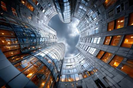 Low angle view of modern curved glass skyscrapers against a cloudy skyの素材
