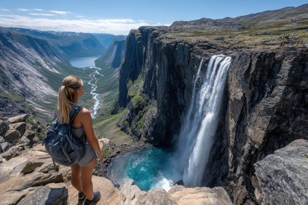 A hiker stands near the edge, admiring a majestic waterfall cascading into a turquoise pool below.の写真素材