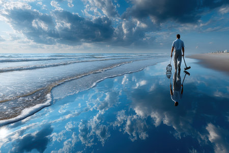 A man walks along a wet beach, metal detector in hand, as clouds reflect on the tranquil water.の写真素材