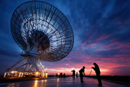 People engage in activities near a massive satellite dish as a colorful sunset paints the sky above.の素材