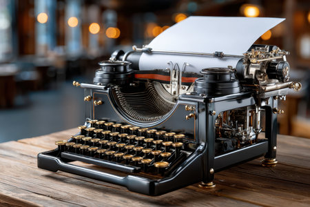 A vintage typewriter with a blank page sits on a rustic wooden table in a warm, inviting cafe.の素材
