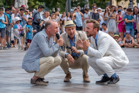 Three entertainers perform a lively act, capturing the attention of a large crowd in a city square.の素材