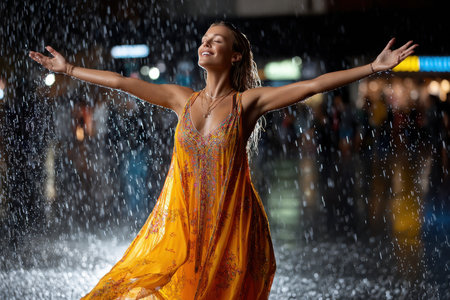 Woman in a bright yellow dress embraces the rain, smiling, while enjoying a vibrant city atmosphere.の素材