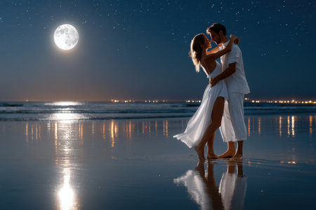 Couple in white attire share a tender moment on a beach under the bright moonlight and twinkling stars.の素材