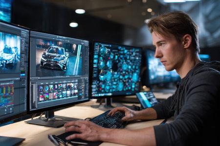 Focused individual edits high-resolution images and designs using multiple computer screens in a design studio.の素材