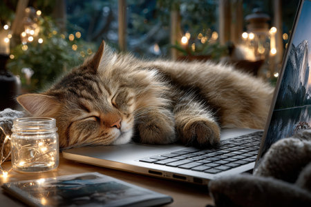 A fluffy cat sleeps peacefully on a desk next to an open laptop, surrounded by warm ambient lights.の素材